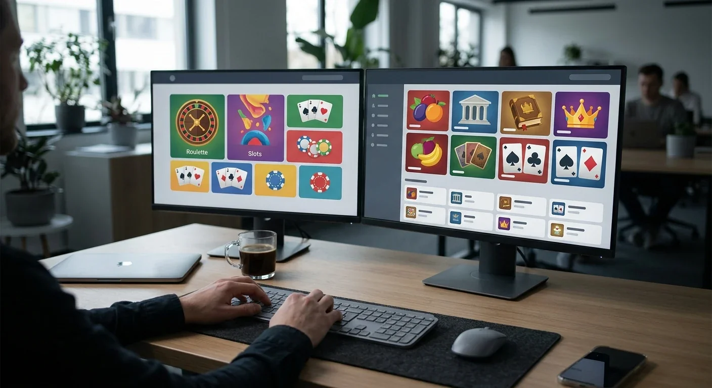 Abstract game-category tiles arranged across two generic display screens